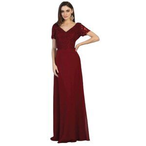 Burgundy Evening Long V-Neck Short Sleeves A-Line Dress By May Queen MQ1782